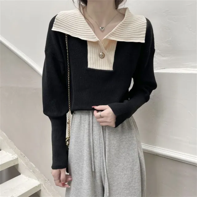 French Contrast Color Lapels Knitted Long Sleeve Sweater Black - Shop at LoveMi