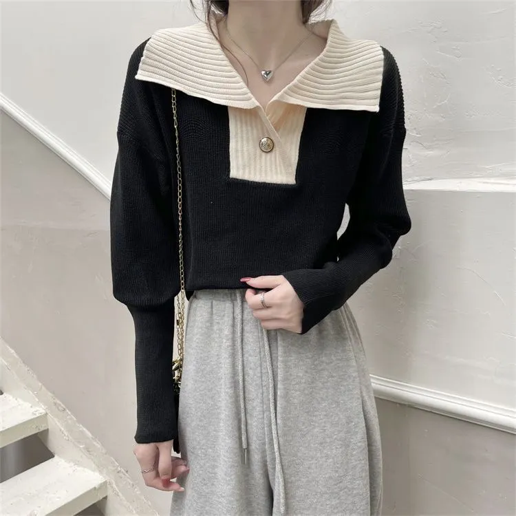 French Contrast Colour Lapels Knitted Long Sleeve Sweater - Black