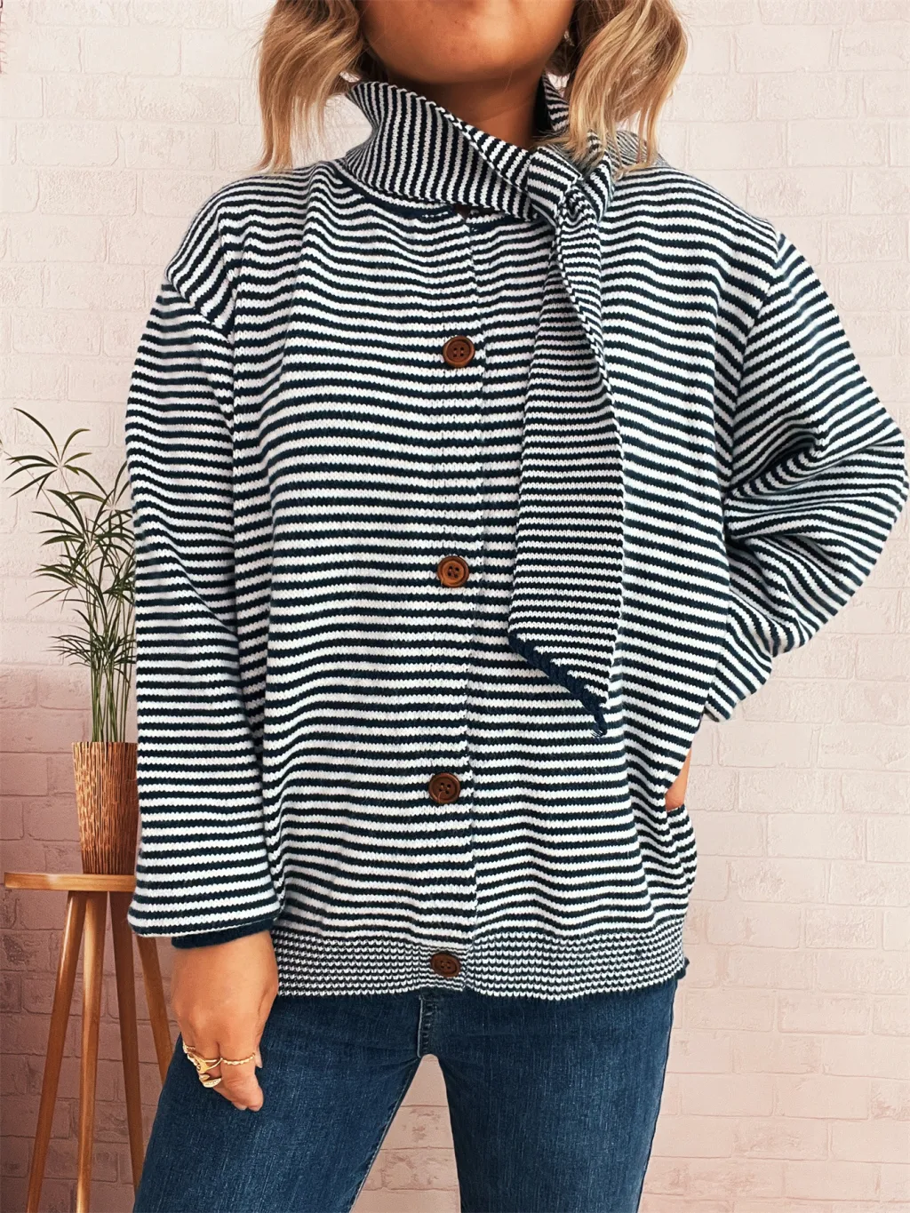 Elegant Retro Pinstripe Single-breasted Scarf Knitted Cardigan Sweater - Navy Blue