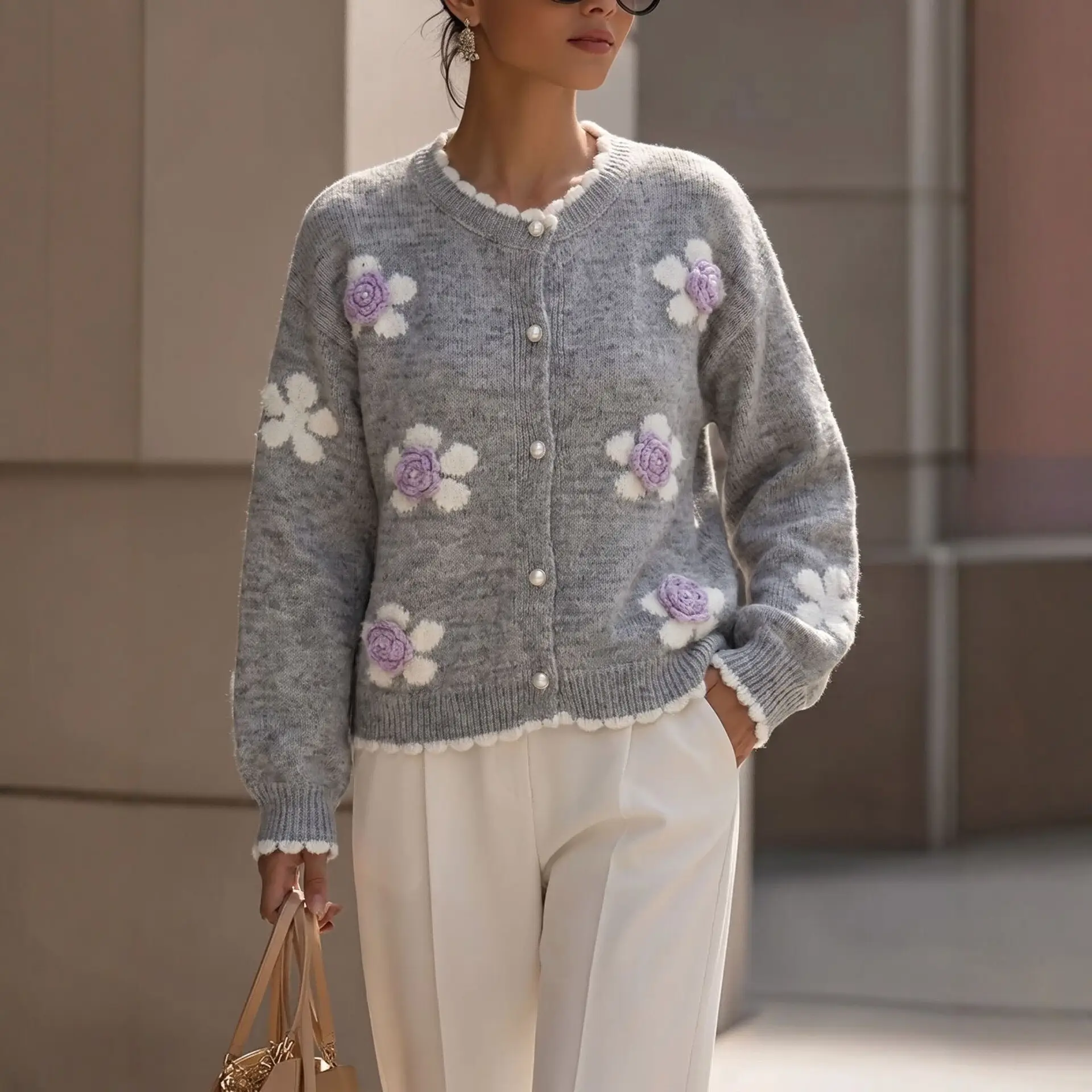 Floral Knitted Cardigan Womens Crew-Neck Sweater Coat
