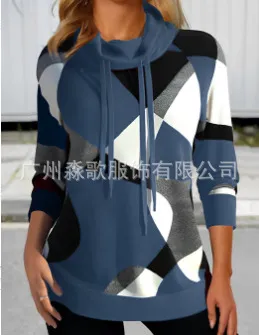 Women's Fashion Printing Turtleneck Sweater Blue - Shop at LoveMi