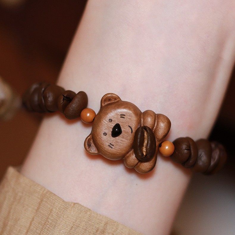 Handcrafted Peachwood Bear Head Bracelet with Natural Coffee Bean Beads 2