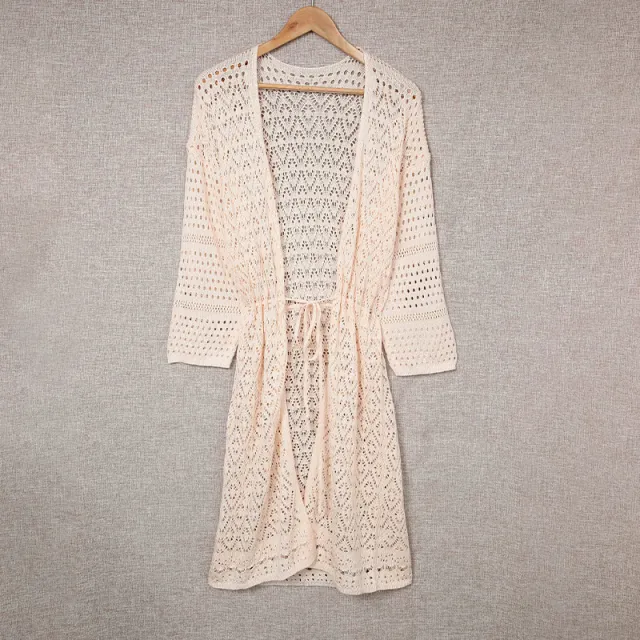 Hollow out Solid Color Loose Loose Knitted Cardigan Coat Without Buckle Apricot - Shop at LoveMi