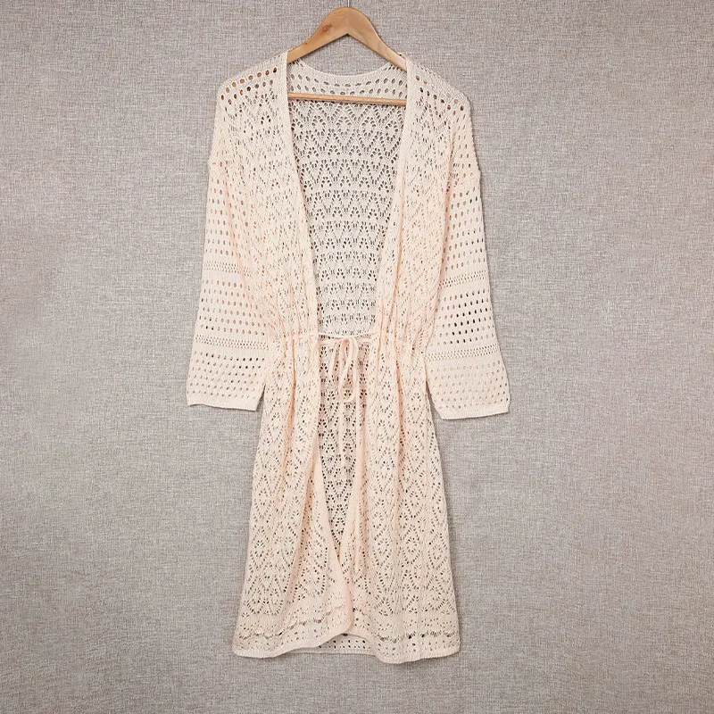 Hollow-out Solid Colour Loose Loose Knitted Cardigan Coat Without Buckle - Apricot