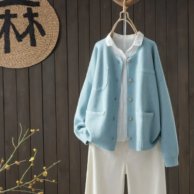 Autumn And Winter Long sleeved Knitted Sweater With Button Pocket Outerwear Blue - Shop at LoveMi