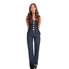 Women's Fashion Casual Single-breasted Denim Vest Pants - Denim Suit - View 1
