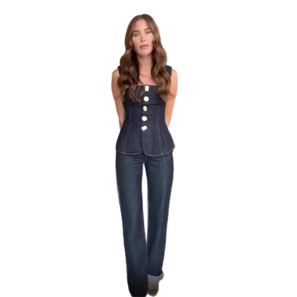 Women's Fashion Casual Single-breasted Denim Vest Pants - Denim Suit