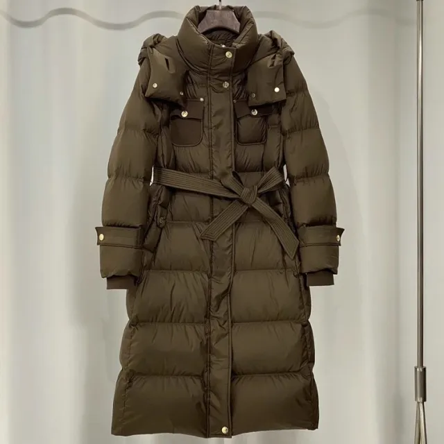 Waist tight Temperament Mid length Over The Knee Hood Down Jacket Brown - Shop at LoveMi