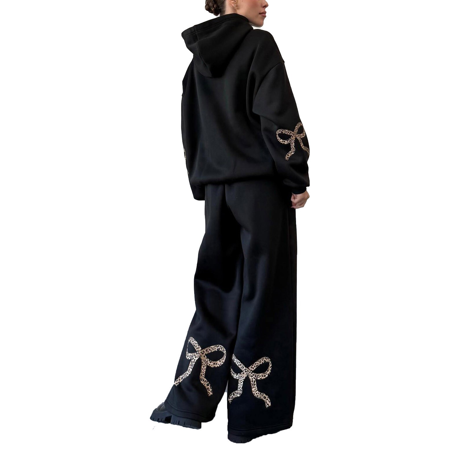 Outdoor Sports Loose Bowknot Printed Women's Casual Sweatshirt Sweatpants Suit Black Leopard Print - Shop at LoveMi