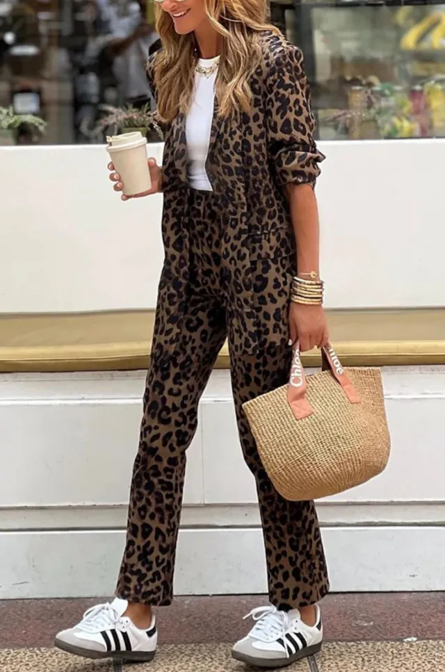 Autumn And Winter Women's Leopard Print Printed Long sleeved Top High Waist Suit Trousers Khaki - Shop at LoveMi