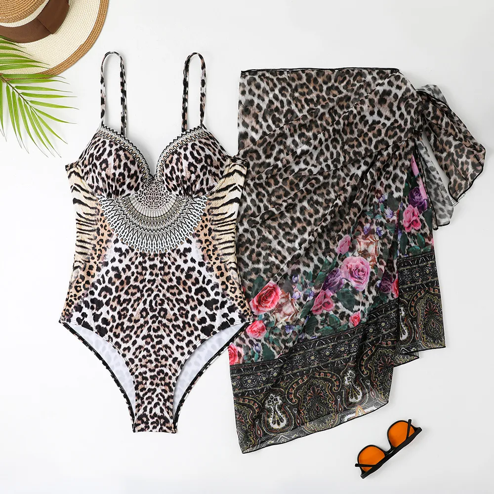 Women's Leopard Print Casual One-piece Swimsuit Mesh Long Dress - Leopard