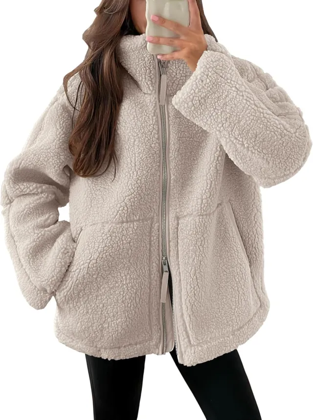 Winter Lapel Zip up Coat With Pockets Casual Fashion Solid Fleece Jacket Fall Spring Long Sleeve Women's Clothing Apricot - Shop at LoveMi