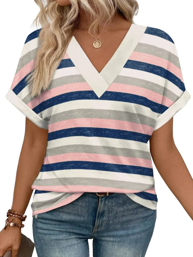 Women's Casual Round Neck Striped T shirt Top Blue - Shop at LoveMi