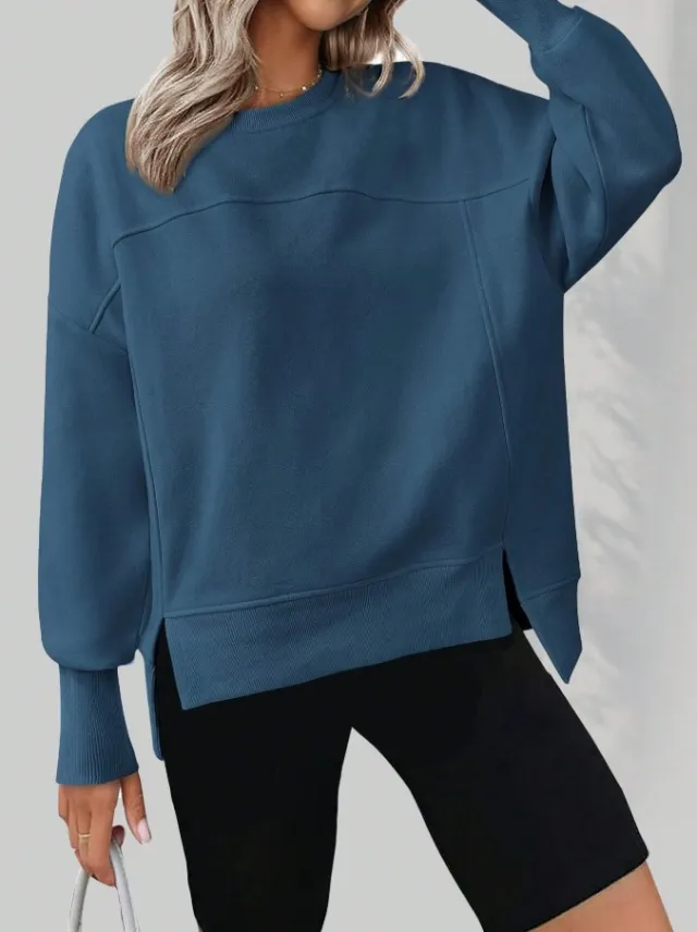 European And American Autumn And Winter Round Neck Long Sleeve Split Casual Loose Sweatshirt Dark Blue - Shop at LoveMi