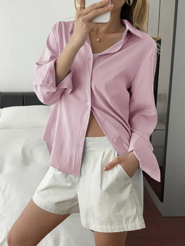 Women's Solid Color Casual Button Long Sleeve Cardigan Shirt Pink - Shop at LoveMi