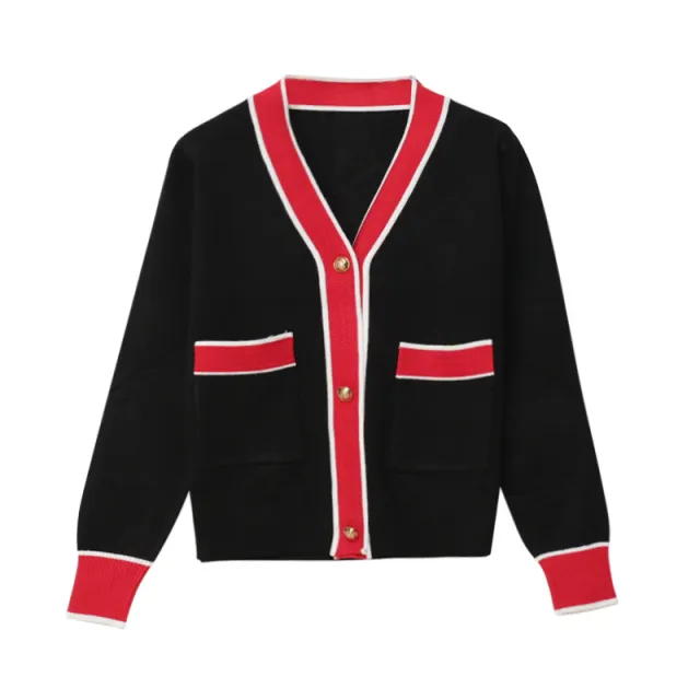 Simple Knitting Cardigan For Women Contrast Color V neck Loose Sweater Coat Black - Shop at LoveMi