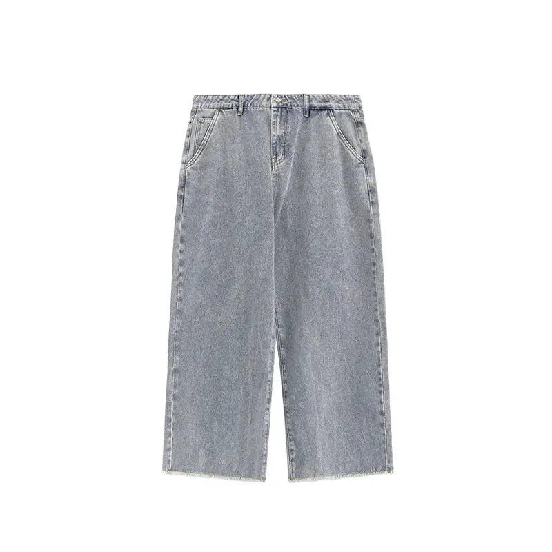 Washed Distressed Men's Clothing Vintage Raw Hem Wide Legs Jeans