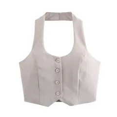 Women's Cut Halterneck Vest Trousers Suit - Top-S - View 1
