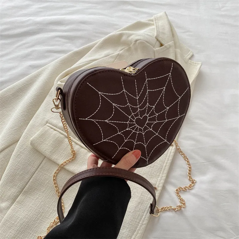 Hearts Crossbody Chain Shoulder Bag - Brown