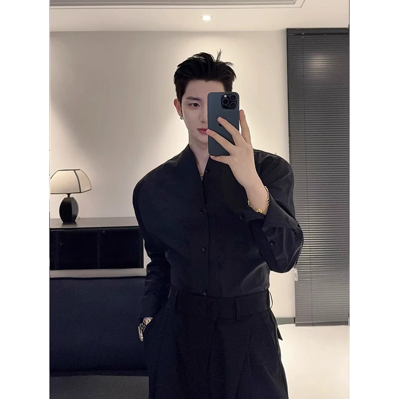 Mens French V-neck White Long-sleeve Shirt