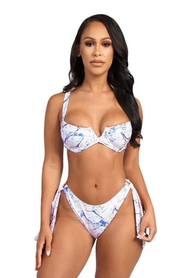 Tie dyed Bikini Split Swimsuit Tied V neck Underwire Swimsuit Marble Pattern S - Shop at LoveMi