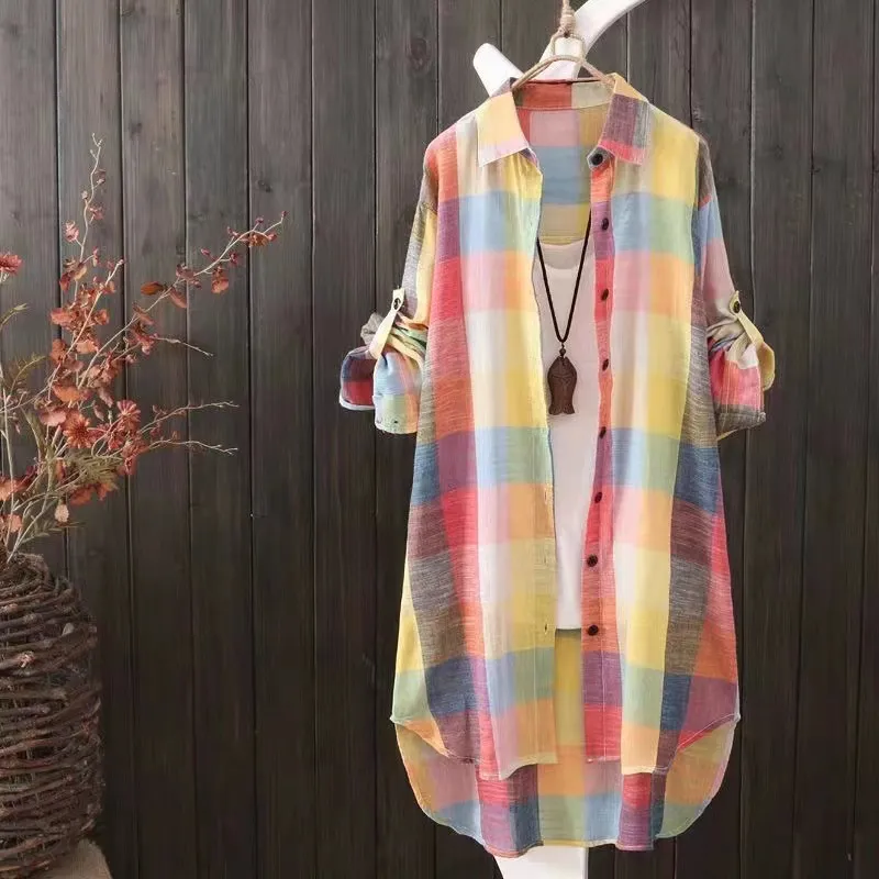 Korean Style Sun-protection Clothing Shirt Women's Mid-length Plus Size - Camouflage Plaid-3Xl