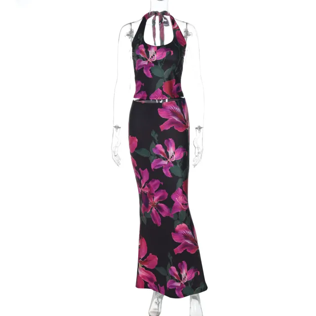 Fashionable Printed Sexy U Neck Tank Top And Slim Fit Skirt Set Black - Shop at LoveMi