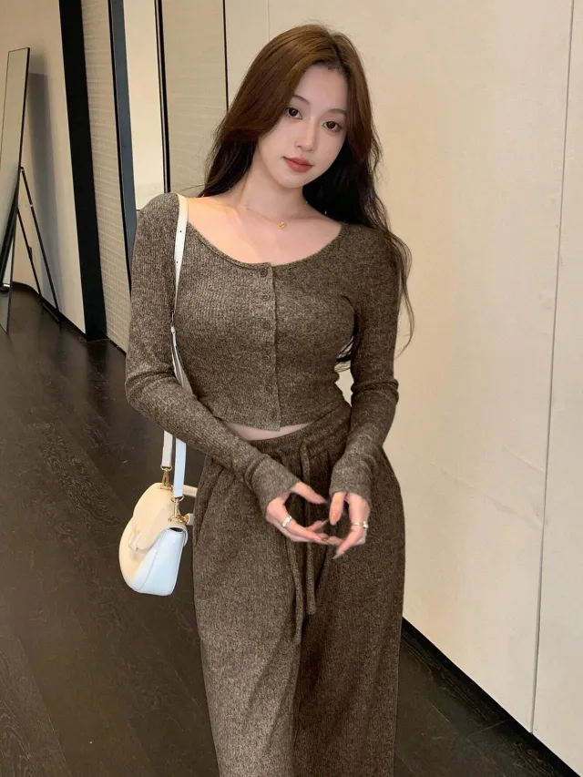 Women's Wide leg Pants Autumn And Winter Straight High waisted Drape Drawstring Casual Set Brown - Shop at LoveMi