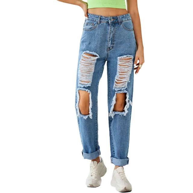 Women's Fashion High Waist Ripped Straight Denim Trousers Blue - Shop at LoveMi