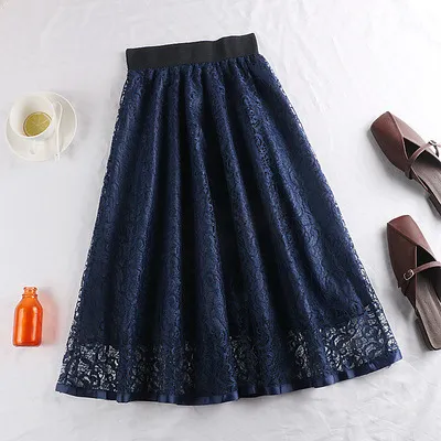 Spring And Summer Elastic High Waist Slimming Lace Crochet Hollow Large Swing A- Line Umbrella Skirt - Blue