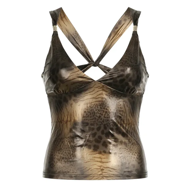 Glossy Leopard Print Contrast Color Slim V neck Backless Spaghetti strap Camisole Top Brown - Shop at LoveMi