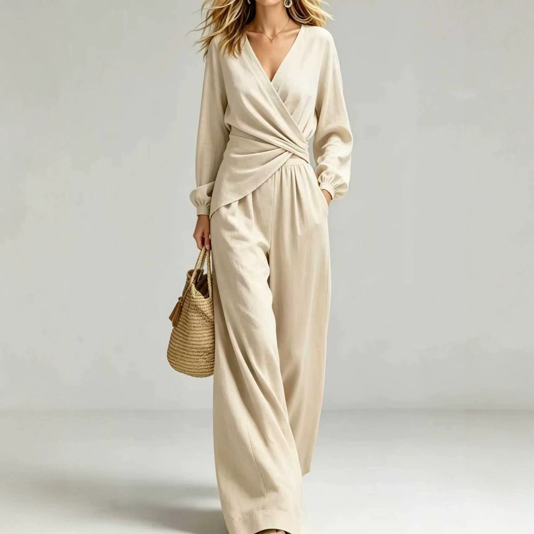 New AutumnWinter Solid-Color V-Neck Waist-Slimming Lantern-Sleeve Women's Two-Piece Suit product image