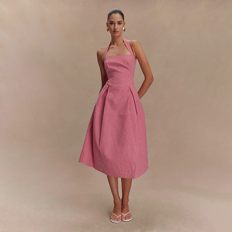 Spring New Sleeveless Backless Halter Square Collar Sling Dress