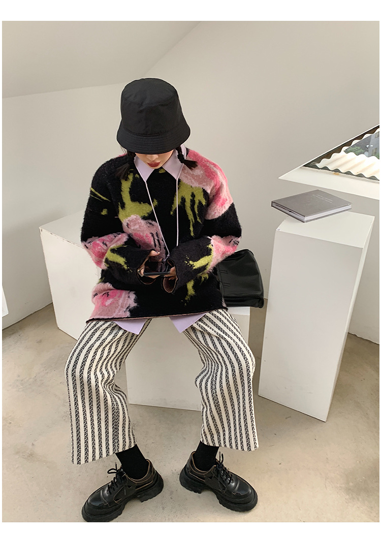 Autumn And Winter Lazy Style Retro Jacquard Mid-length Pullover Knitted Sweater