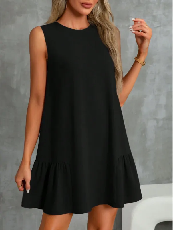 Women's Solid Color Round Neck Sleeveless Vest Dress Black - Shop at LoveMi