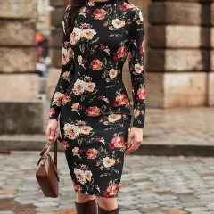 Lady's Flower Printed Long Sleeve Tight Dress - Black - View 1