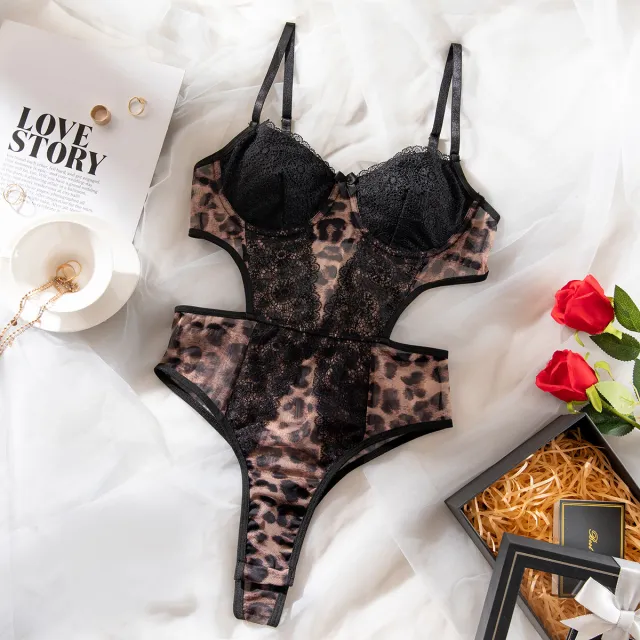 Cutout Lace Stitching Leopard Print Body shaping Corsets Black - Shop at LoveMi
