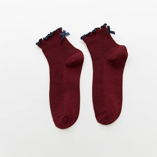Socks Women's Mid Tube Stockings Female Adult Wooden Ear Striped Bow Socks Wine Red - Shop at LoveMi