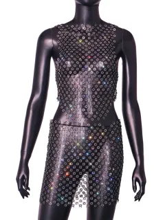 Hollow Out See-through Mesh Rhinestone Suit Skirt - Top-Xs - View 1