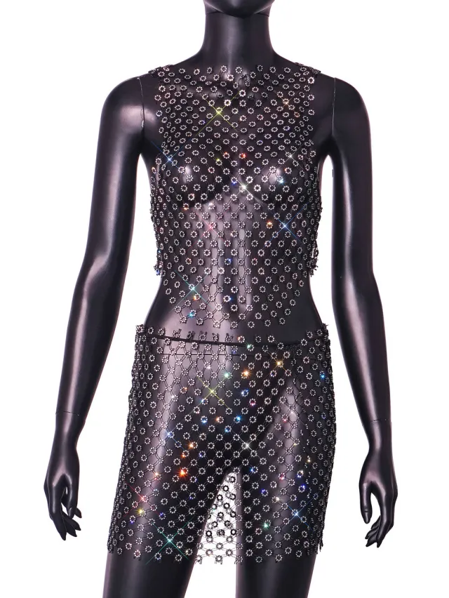 Hollow Out See through Mesh Rhinestone Suit Skirt Top Xs - Shop at LoveMi