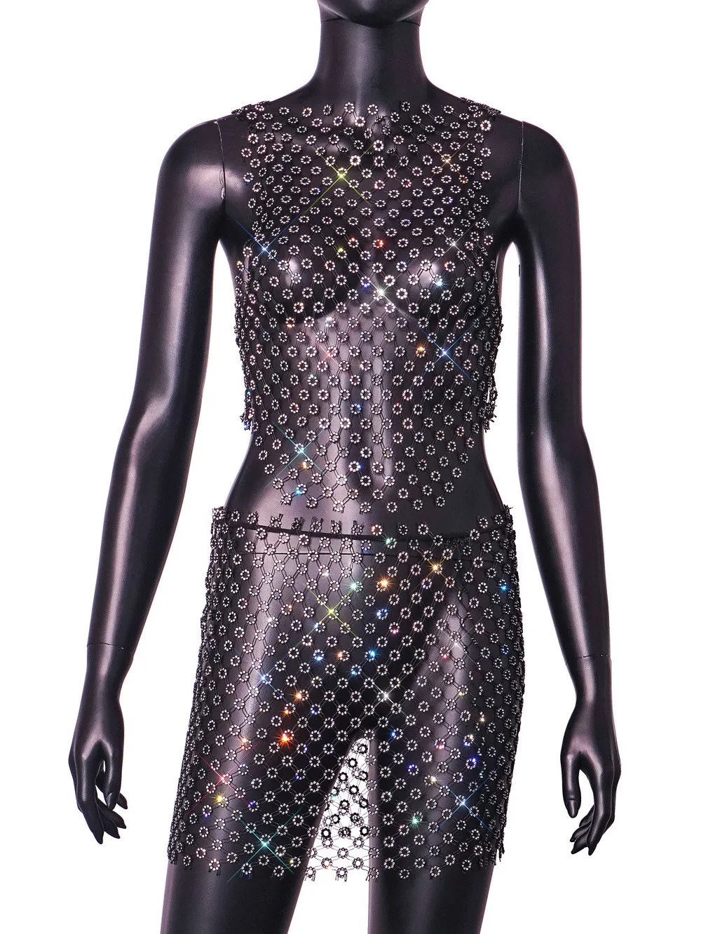 Hollow Out See-through Mesh Rhinestone Suit Skirt - Top-Xs