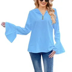 Lotus Leaf Shirt Solid Colour T-shirt V-neck Button Women's Top - Blue - View 1