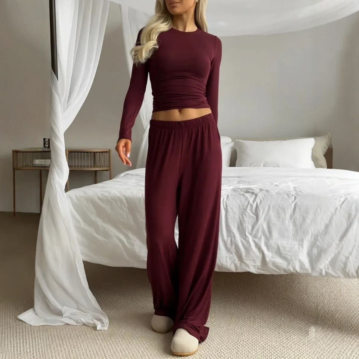 European And American-style Solid-color Long-sleeve Wide-leg Pants Set For Women