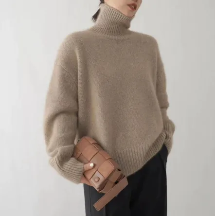 High neck Women's Loose Versatile Knit Pullover Sweater Camel - Shop at LoveMi