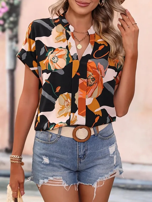 V neck Painted Color Printing Short Sleeve Black Flower - Shop at LoveMi