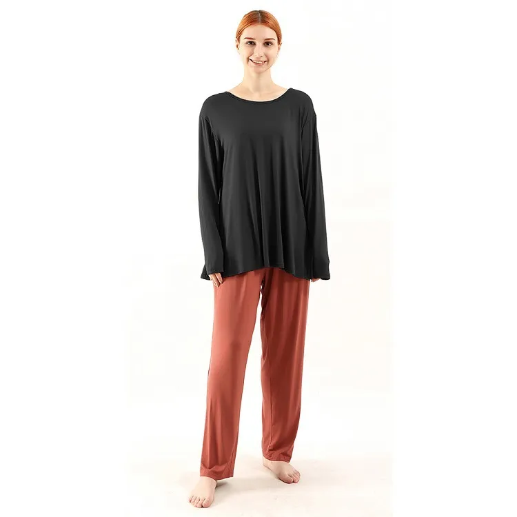 Loose High Elastic Bamboo Fiber Home Long-sleeved Trousers Suit - Red Top Skin Color Pants