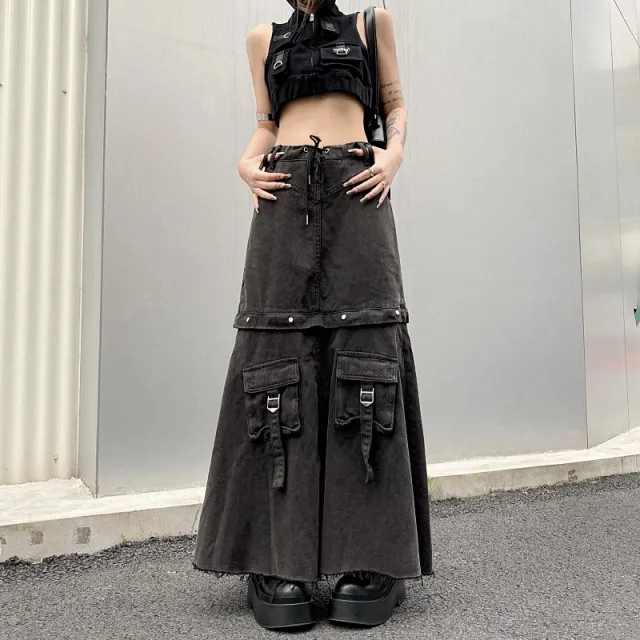 Niche Design Style Retro High Waist Skirt For Women Dark Gray - Shop at LoveMi