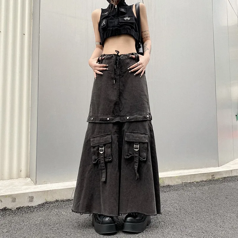 Niche Design Style Retro High Waist Skirt For Women - Dark Grey