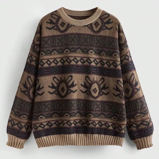 New Jacquard Color block Round Neck Pullover Sweater Women Khaki - Shop at LoveMi