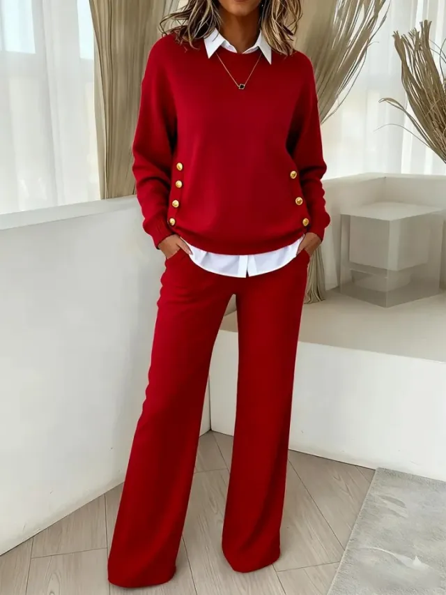 Independent Site Cross border Button Decoration Fake Two piece Set Red - Shop at LoveMi